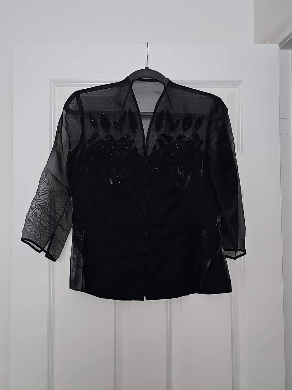 Alex Evenings Women's Black Floral Beaded Sheer 3/4 Sleeve V Neck Blouse Size M